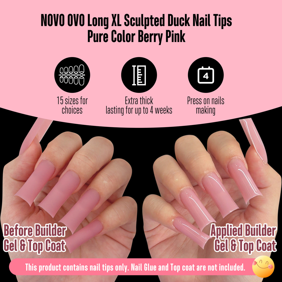 Long XL Sculpted Duck Nail Tips Pure Color Berry Pink 240