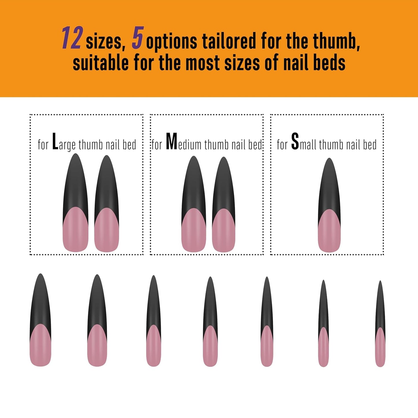 Halloween Black XXL Curved Stiletto Almond Black French Tip Nail Tips