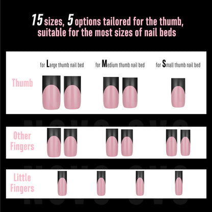 Meidum Sharp Square Black French Tip Naili Tips Berry Pink 180