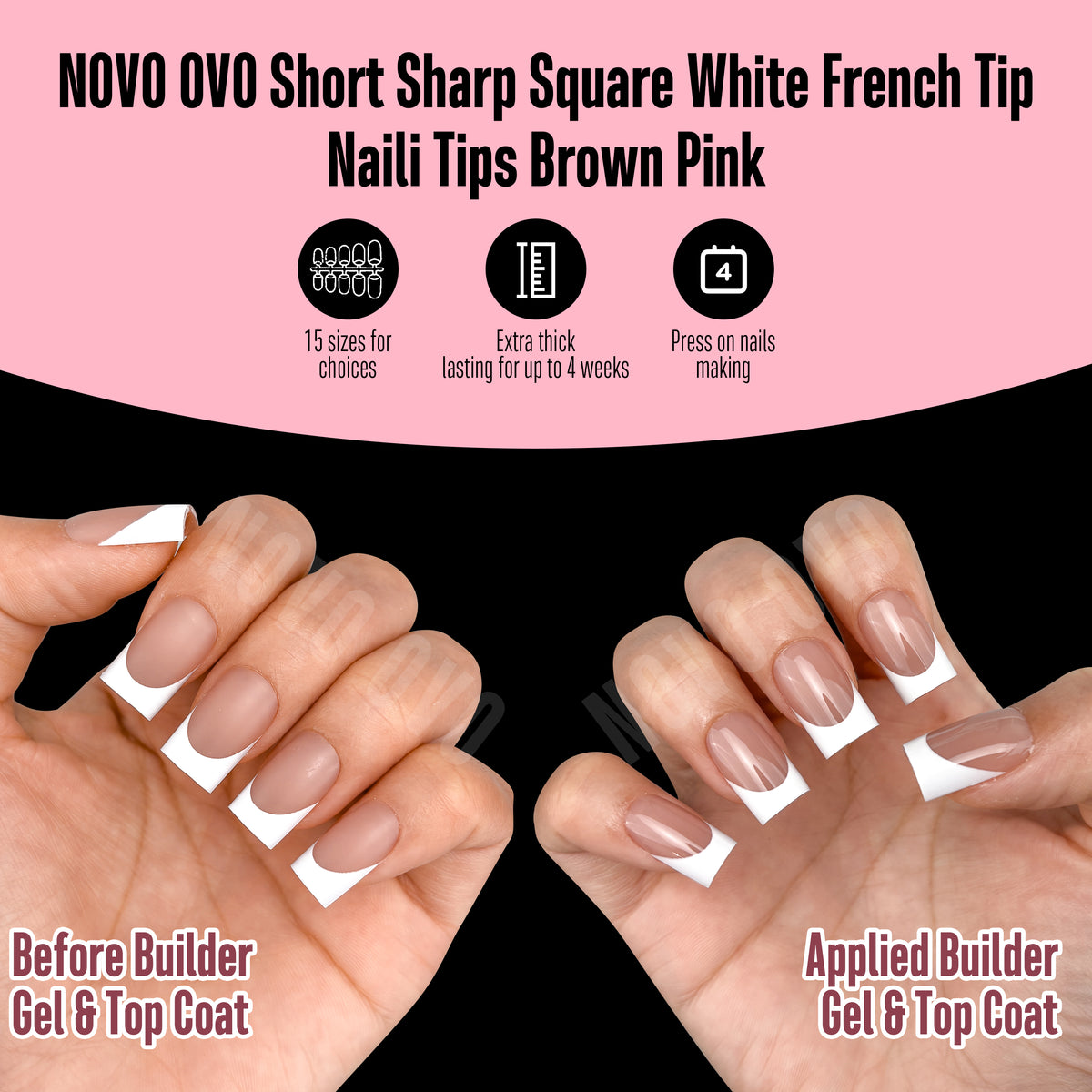 Short Sharp Square White French Tip Nail Tips Brown Pink 240