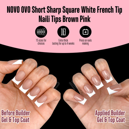 Short Sharp Square White French Tip Nail Tips Brown Pink 240