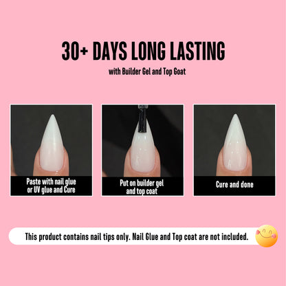 Medium or Long Pure Color Sharp Stiletto Nail Tips Milky White