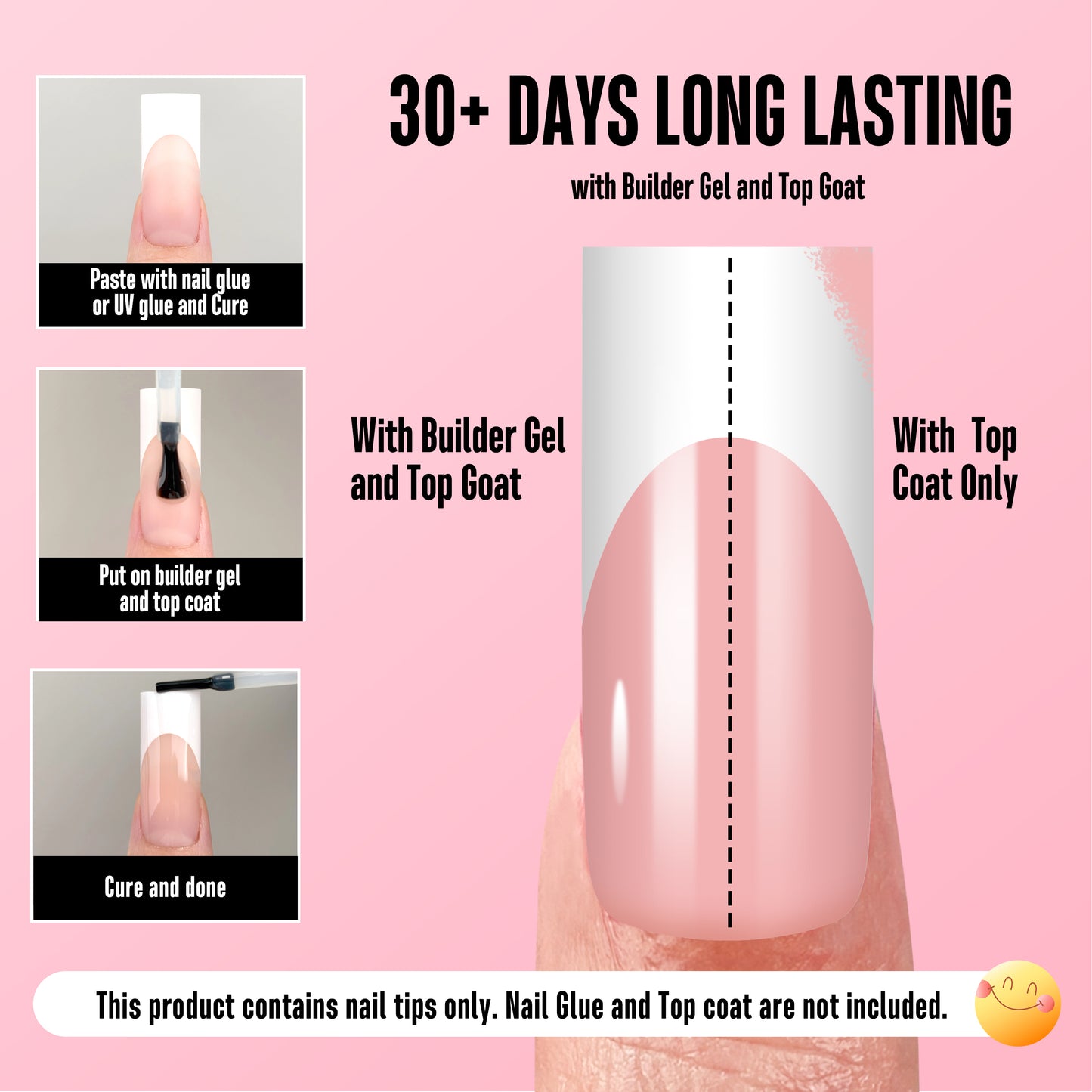 Long Sharp Square White French Tip Nail Tips Baby Pink 180