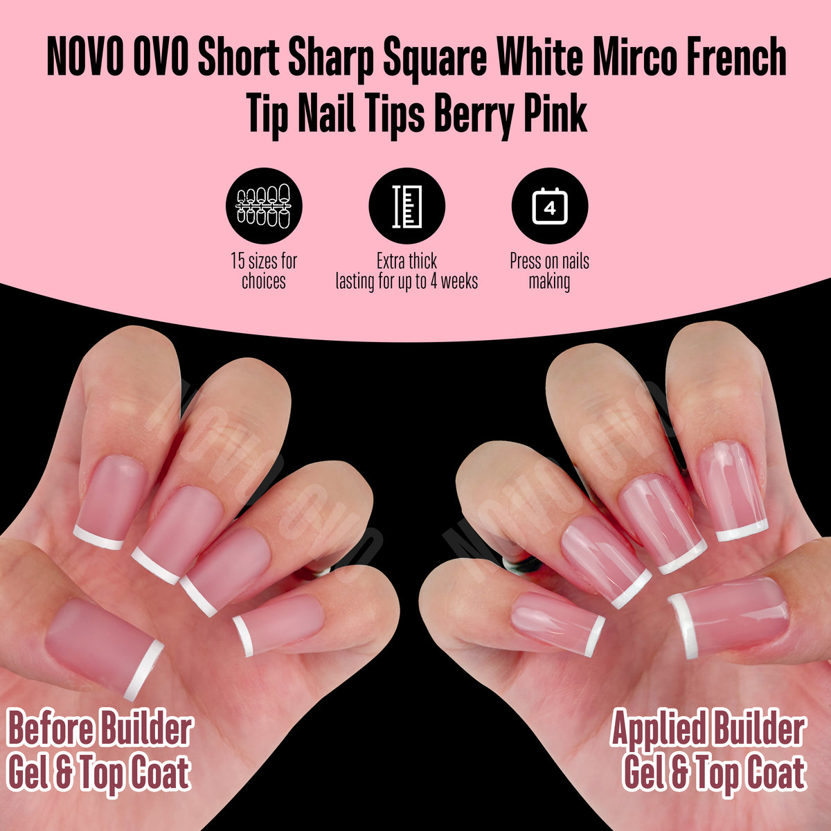 Short Sharp Square White Mirco French Tip Nail Tips Berry Pink 240