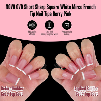 Short Sharp Square White Mirco French Tip Nail Tips Berry Pink 240