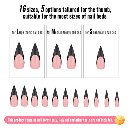 Medium or Long Black French Tip Sharp Stiletto Nail Tips Baby Pink