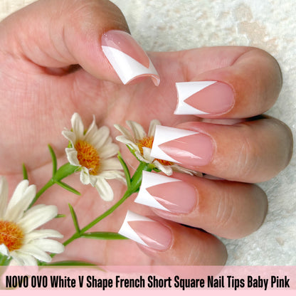White V Shape French Short Square Nail Tips Baby Pink 240