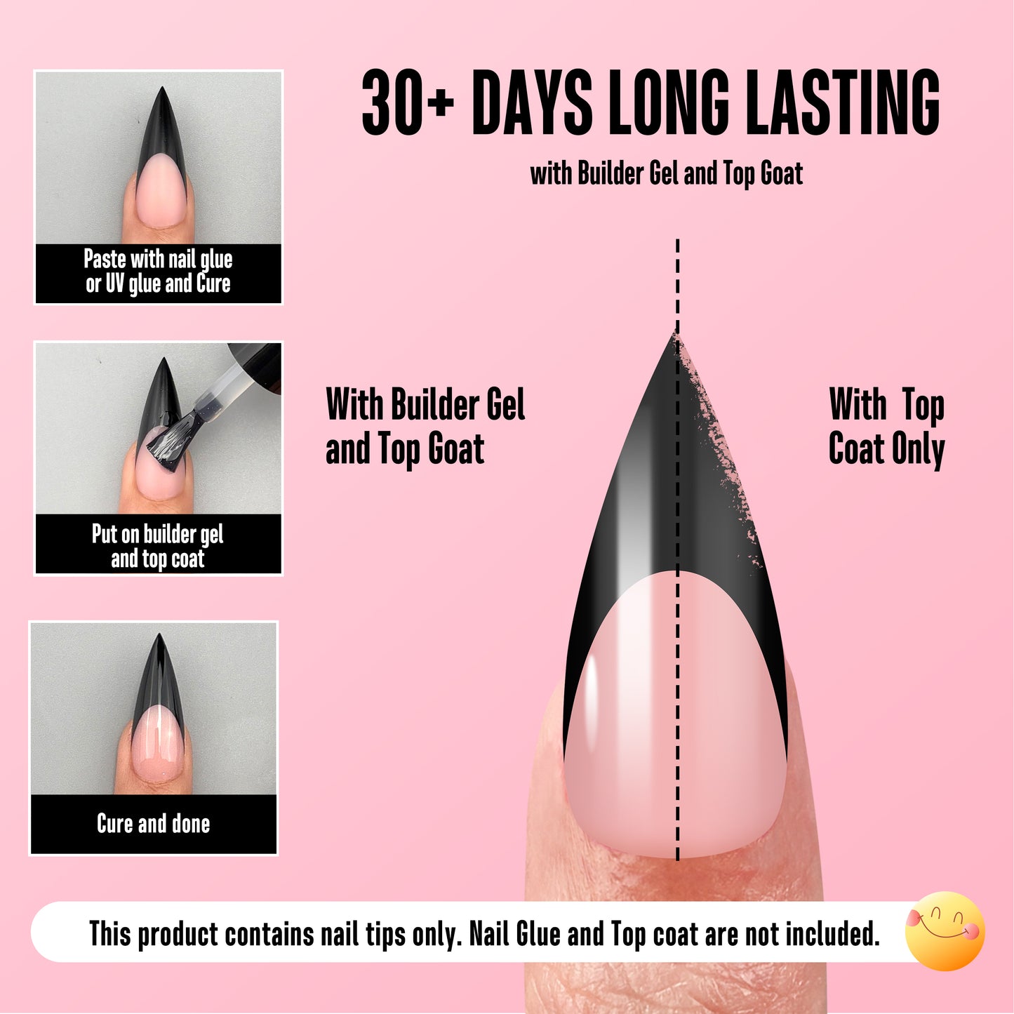 Medium or Long Black French Tip Sharp Stiletto Nail Tips Baby Pink