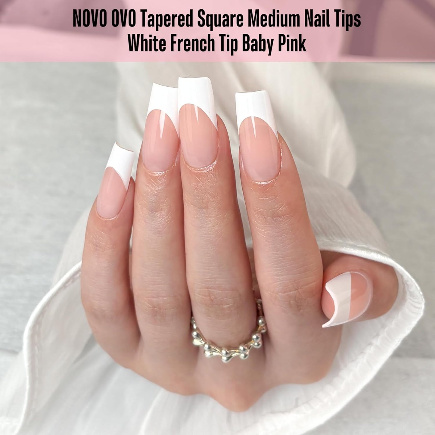 Square Medium White French Tip Baby Pink