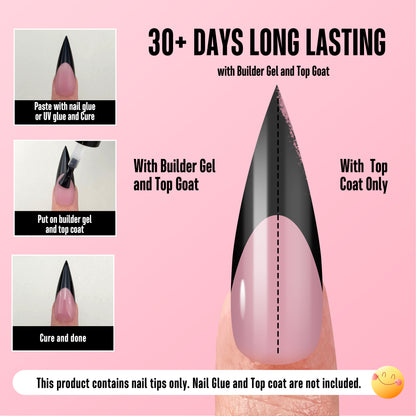 Long XL Sharp Stiletto Black French Tip Nail Tips Berry Pink