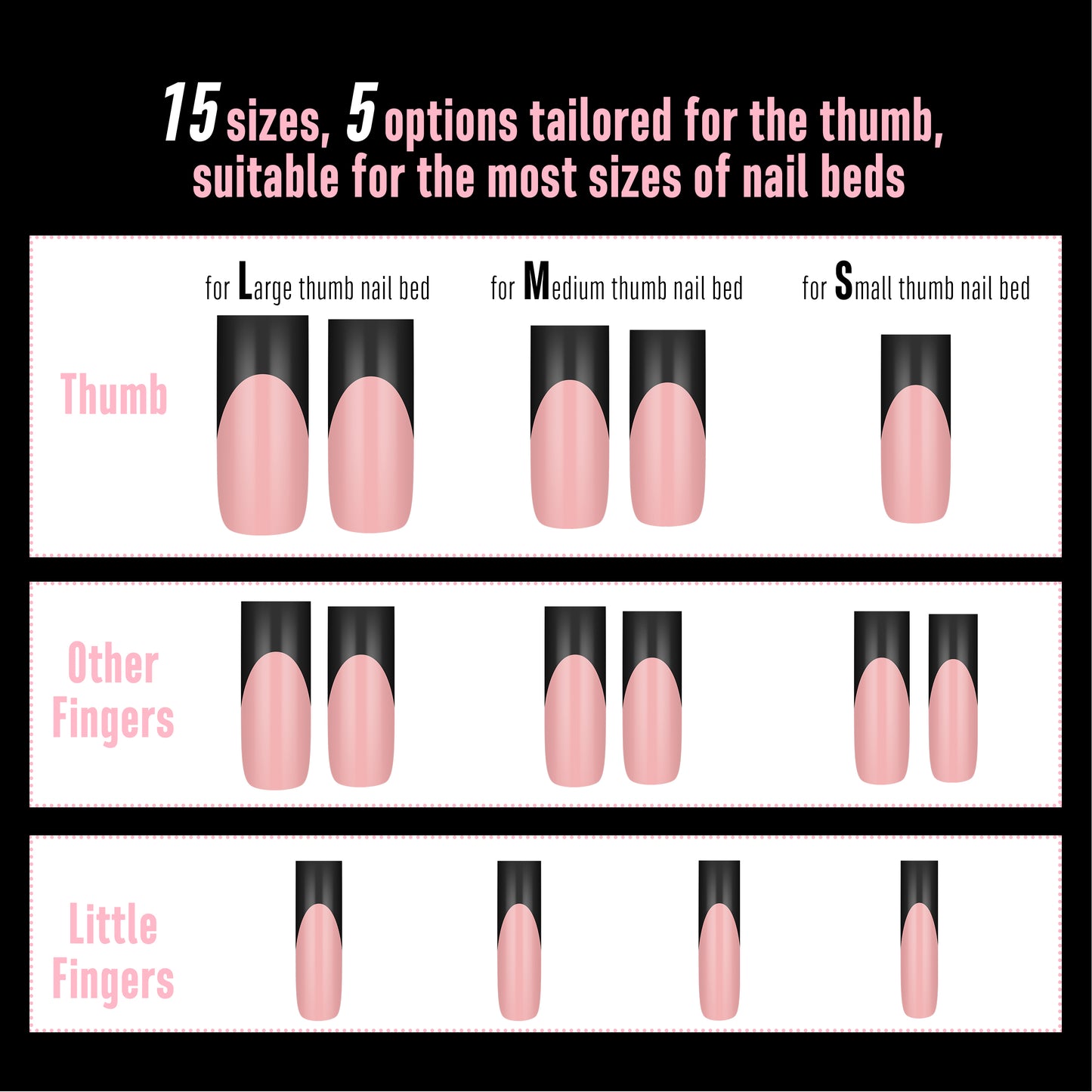 Long Sharp Square Black French Tip Nail Tips Baby Pink 180