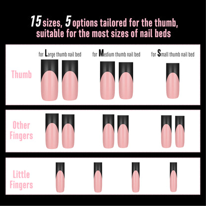 Long Sharp Square Black French Tip Nail Tips Baby Pink 180