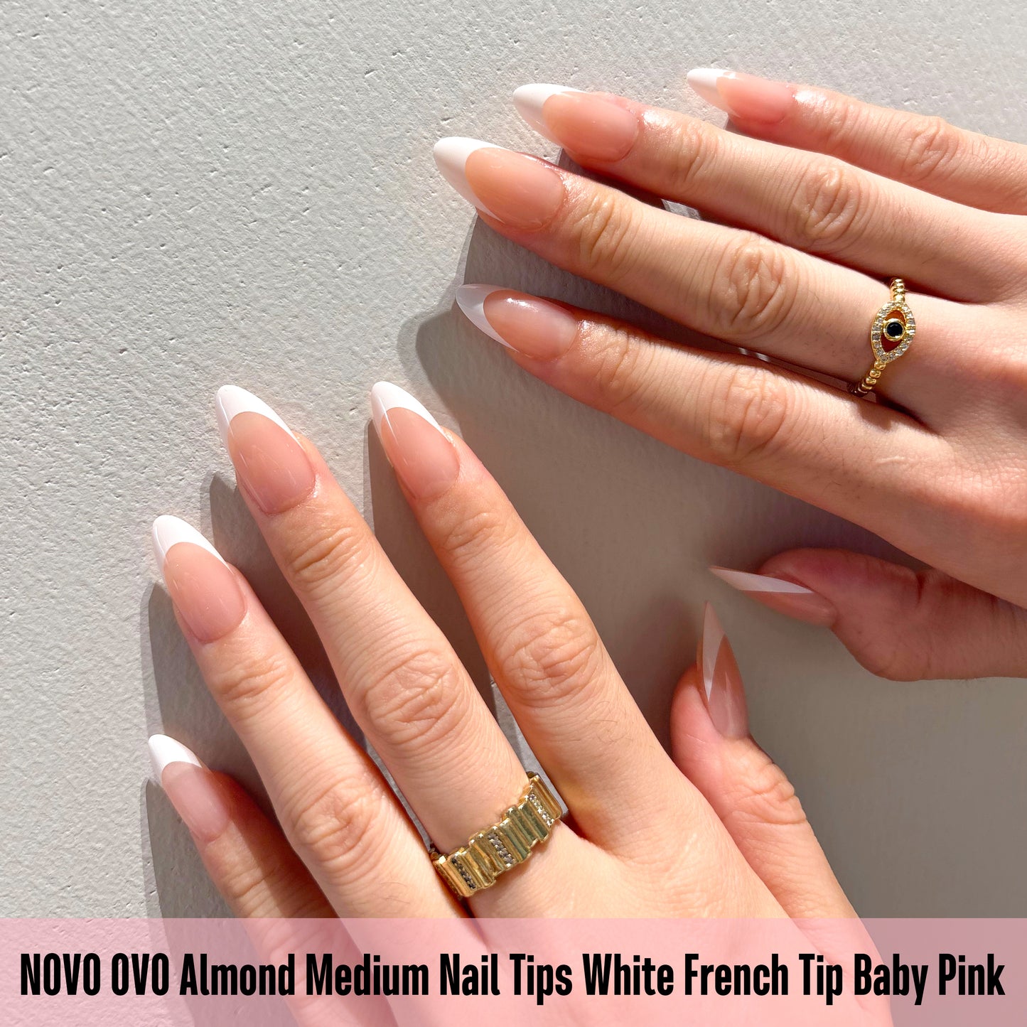 Medium Almond White French Tip BABY PINK