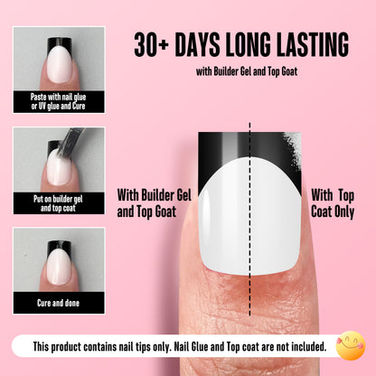 Short Sharp Square Nail Tips Black French Tip MILKY WHITE