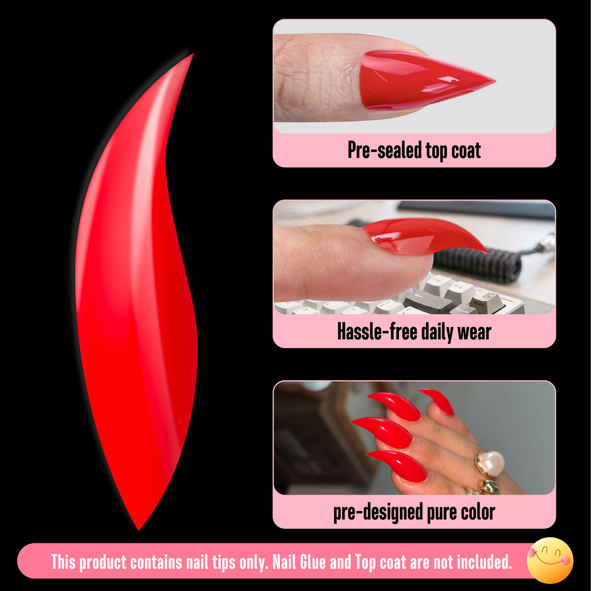Cat Claw Short Curved Stiletto 3D Nail Tips Red 128