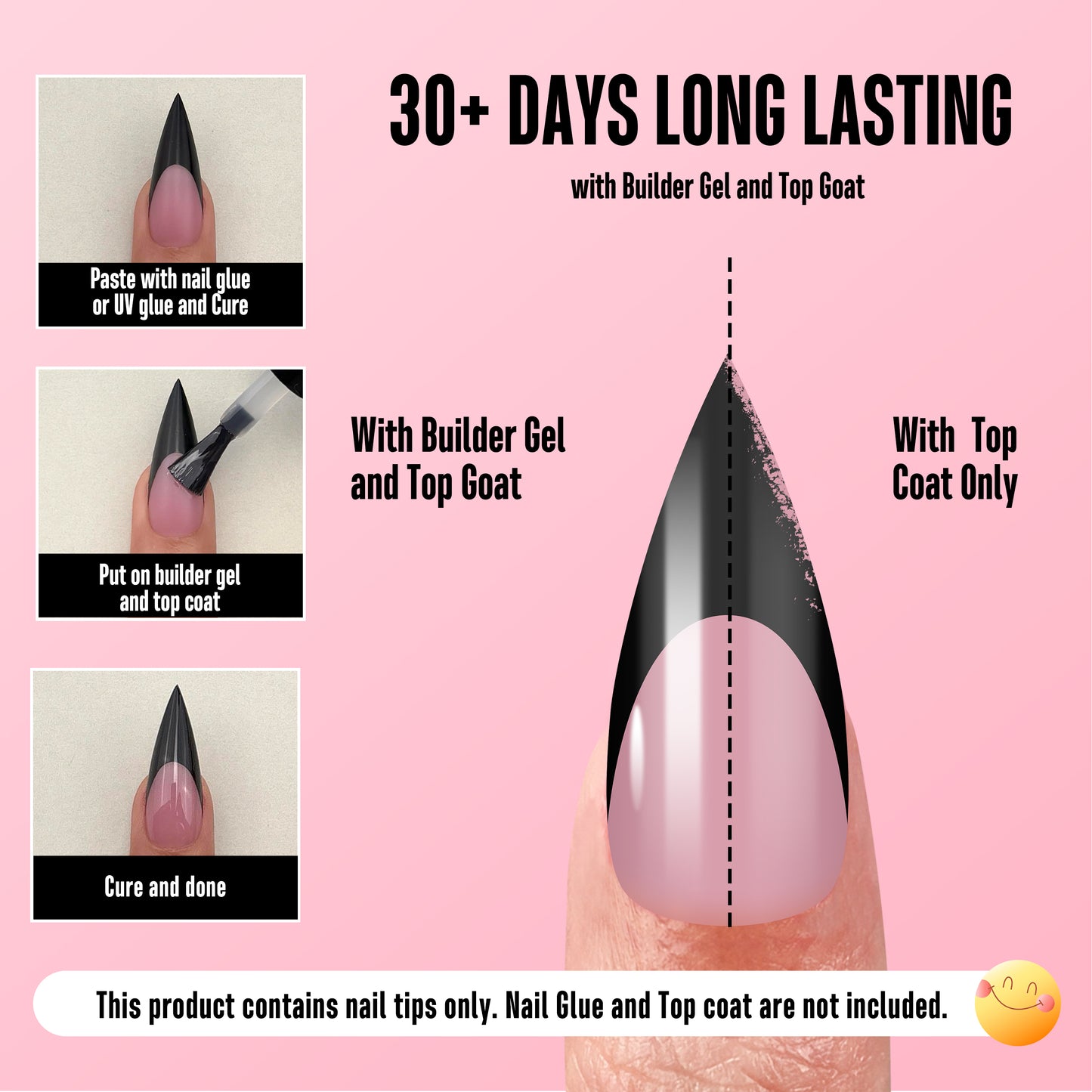 Medium or Long Black French Tip Sharp Stiletto Nail Tips Berry Pink