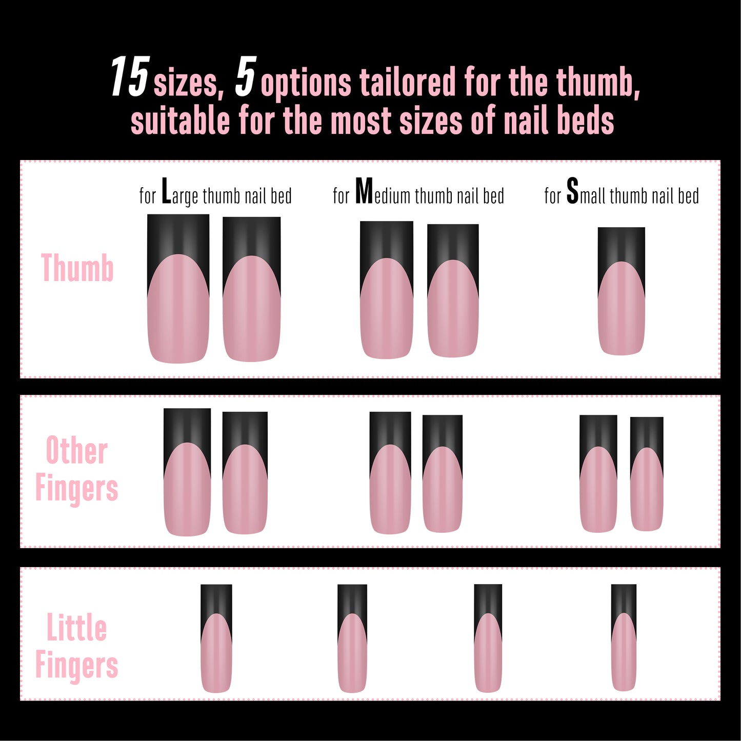 Long Sharp Square Black French Tip Nail Tips Berry Pink 180
