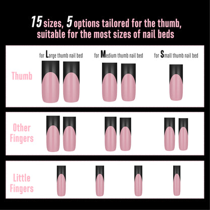 Long Sharp Square Black French Tip Nail Tips Berry Pink 180