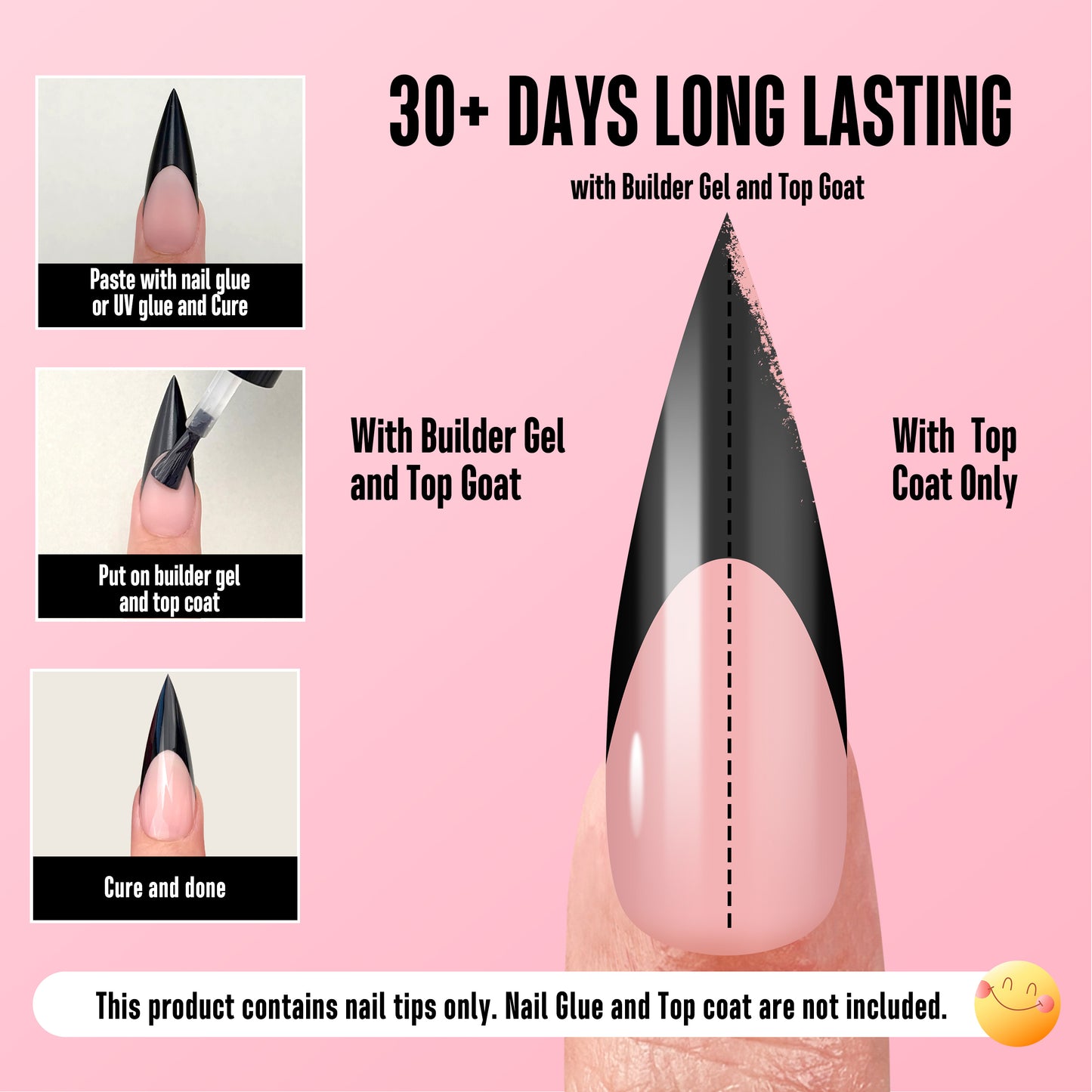 Long XL Sharp Stiletto Black French Tip Nail Tips Baby Pink