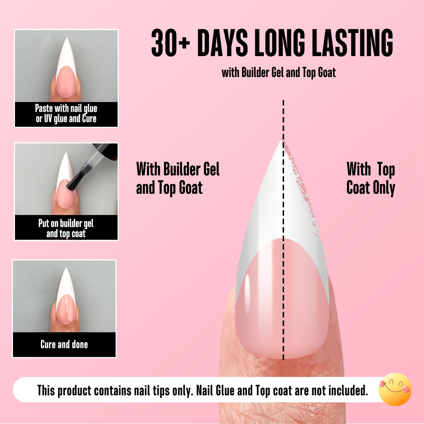 Medium or Long White French Tip Sharp Stiletto Nail Tips Baby Pink