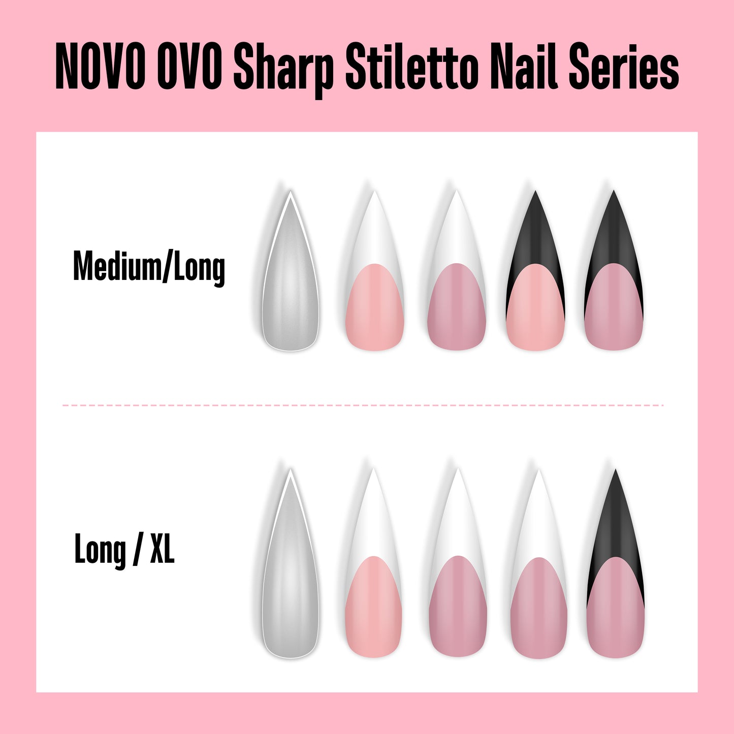 Medium or Long Black French Tip Sharp Stiletto Nail Tips Baby Pink