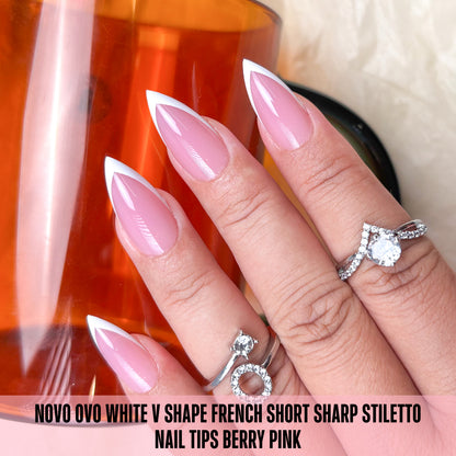 White V Shape French Short Sharp Stiletto Nail Tips Berry Pink