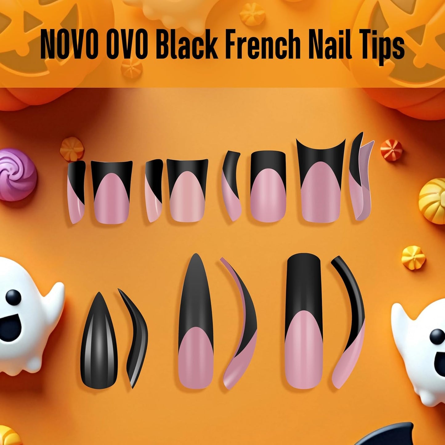 Halloween Curved Square XXL Black French Tip Nail Tips