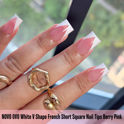 White V Shape French Short Square Nail Tips Berry Pink 240