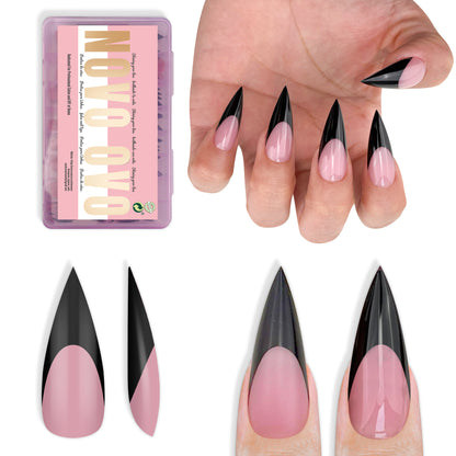 Medium or Long Black French Tip Sharp Stiletto Nail Tips Berry Pink
