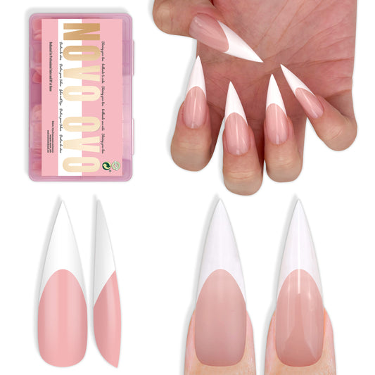 Long XL Sharp Stiletto White French Tip Nail Tips Baby Pink