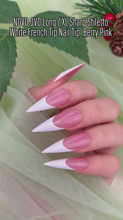 Long XL Sharp Stiletto White French Tip Nail Tips Berry Pink