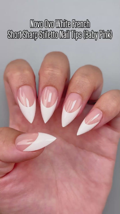 Short Sharp Stiletto White French Tip Nail Tips Baby Pink 160