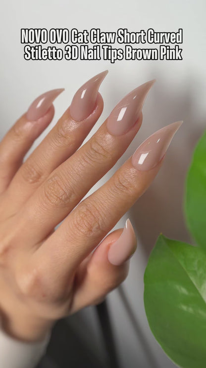 Cat Claw Short Curved Stiletto 3D Nail Tips Brown Pink 128