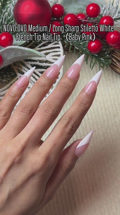 Medium or Long White French Tip Sharp Stiletto Nail Tips Baby Pink