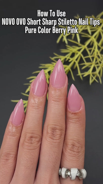 Short Sharp Stiletto Nail Tips Pure Color Berry Pink 224