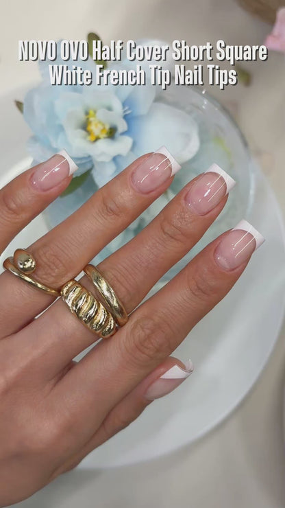 Half Cover Short Square White French Tip Nail Tips 224