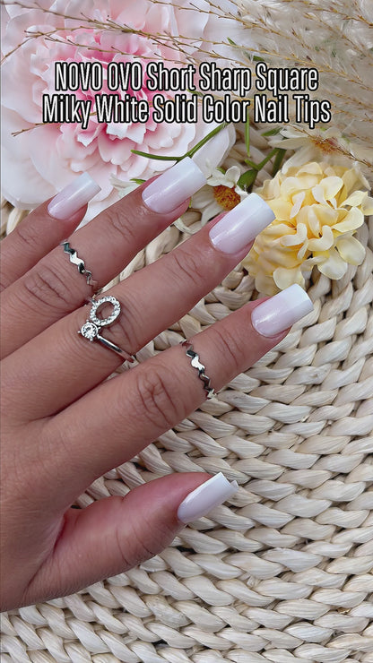 Short Sharp Square Nail Tips Pure Color Milky White