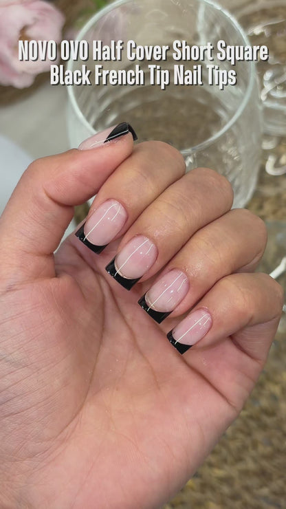 Half Cover Short Square Black French Tip Nail Tips 224