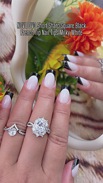 Short Sharp Square Nail Tips Black French Tip MILKY WHITE