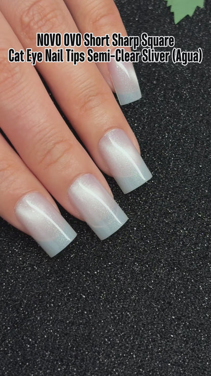 Short Sharp Square Cat Eye Nail Tips Semi-Clear Sliver (Agua)