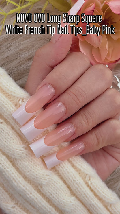 Long Sharp Square White French Tip Nail Tips Baby Pink 180