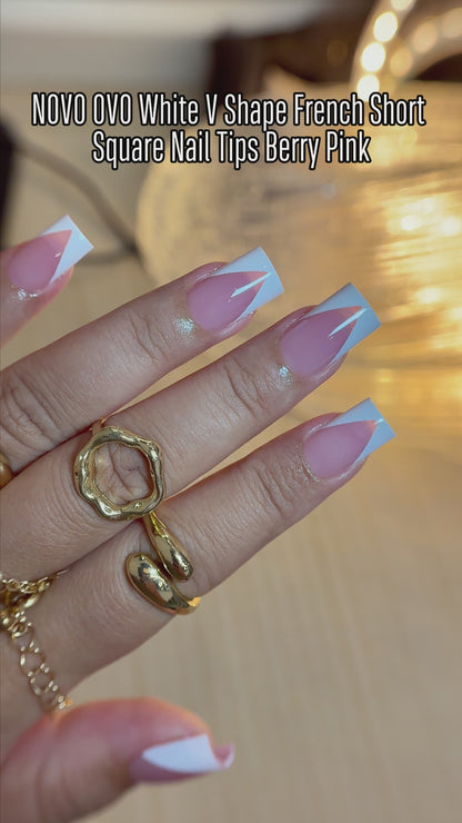 White V Shape French Short Square Nail Tips Berry Pink 240