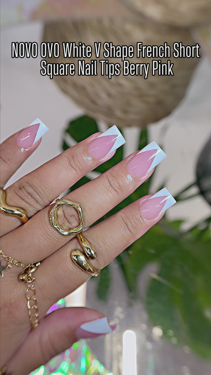 White V Shape French Short Square Nail Tips Berry Pink 240
