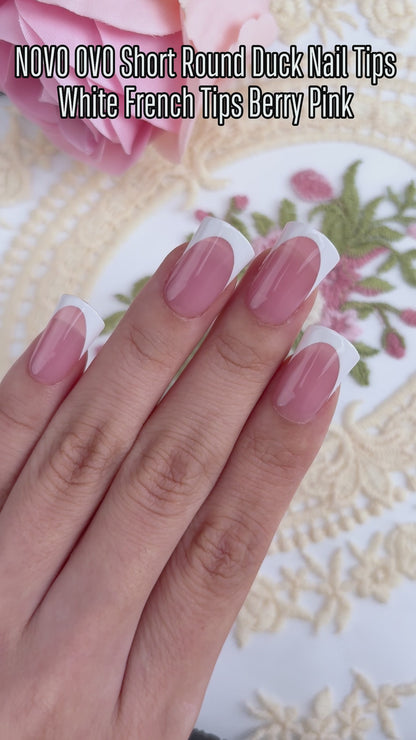 Short Round Duck Nail Tips White French Tips Berry Pink 240