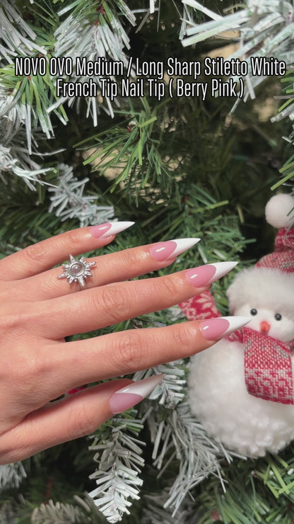 Medium or Long White French Tip Sharp Stiletto Nail Tips Berry Pink