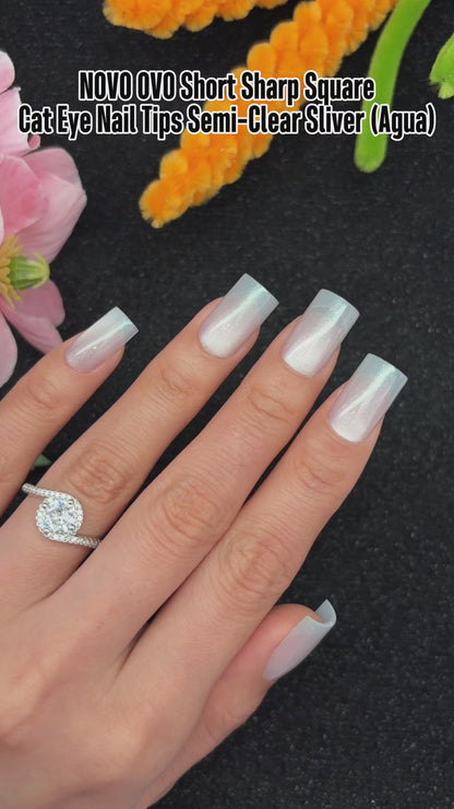 Short Sharp Square Cat Eye Nail Tips Semi-Clear Sliver (Agua)