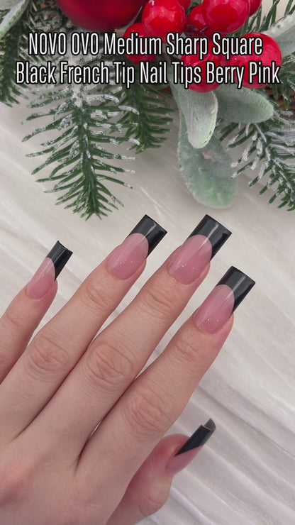 Meidum Sharp Square Black French Tip Naili Tips Berry Pink 180