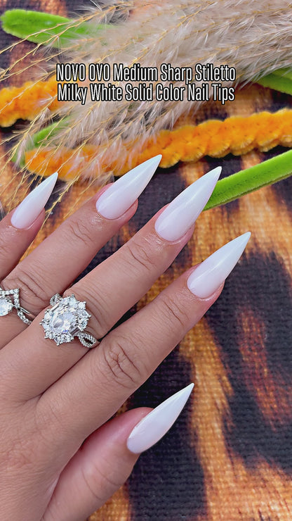 Medium or Long Pure Color Sharp Stiletto Nail Tips Milky White