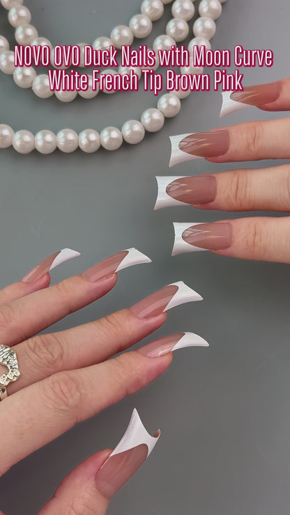 Duck Nails Medium White French Tips BROWN PINK with Moon Curve