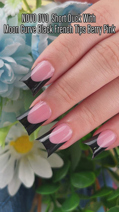 Duck Nails Short with Moon Curve Black French Tips Berry Pink